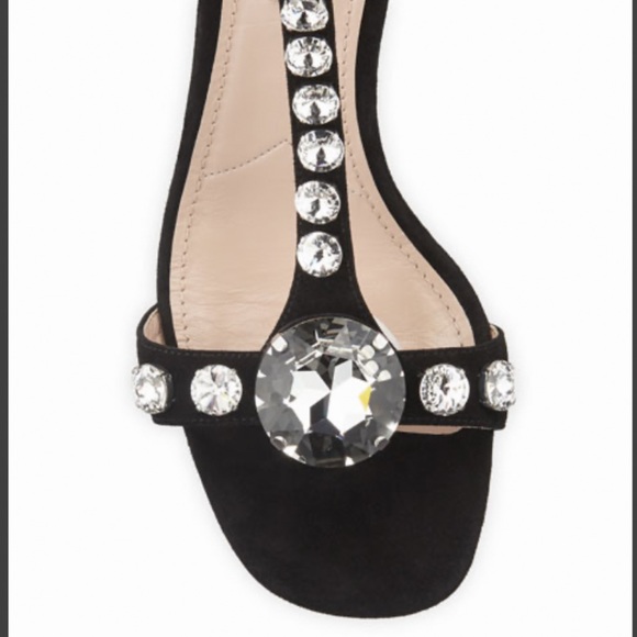 MIU MIU T-STRAP CRYSTAL SANDALS IN BLACK SUEDE WITH BLOCK HEEL SIZE US 8 - Picture 2 of 5
